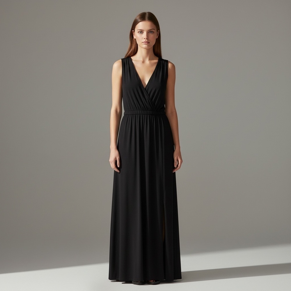 🌻Trina Turk Black Jersey Knit Open Back Maxi Dress with Front Hem Split Size 8